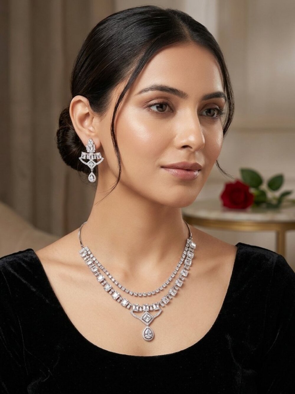 Elegant Silver-Tone Cubic Zirconia Bridal Necklace and Earring Set, Statement Je